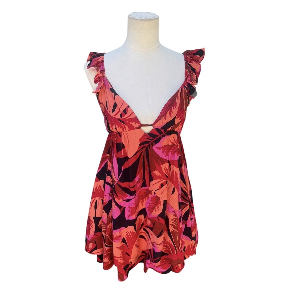 En Creme Small Tropical Palm Leaf Mini Dress Open Back Ruffle Sleeve Resort NWT